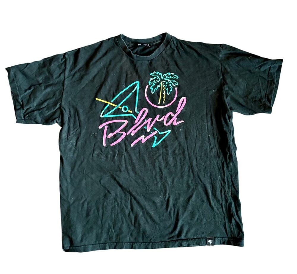 Mens Fashion BLVD T-Shirt Loose Fit Short-Sleeve Shirt Black Neon Print